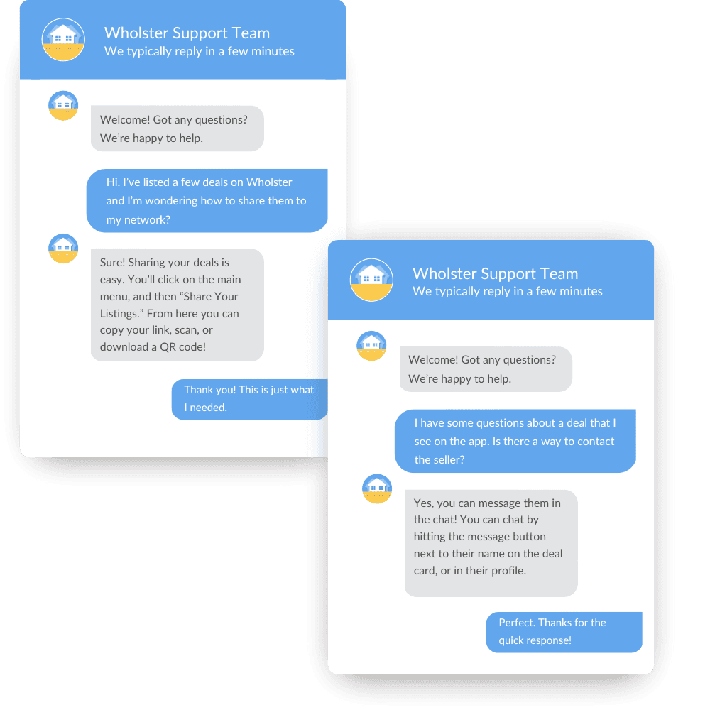 Wholster support conversations helping real estate investors use the platform