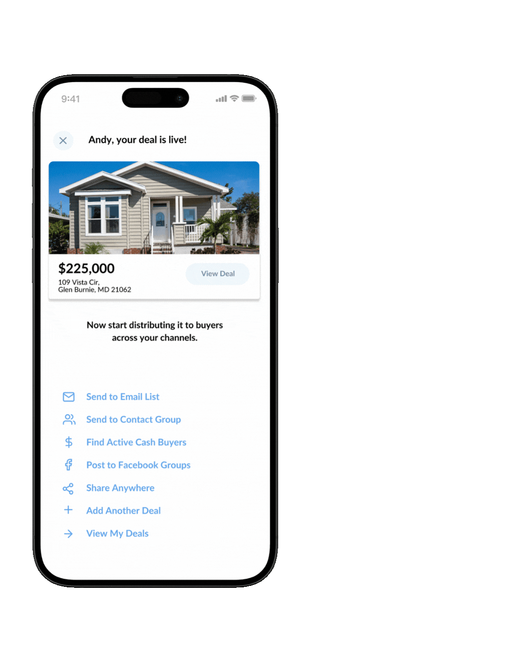 Wholster Pro distribution workflow showing a real estate deal being sent across multiple buyer channels