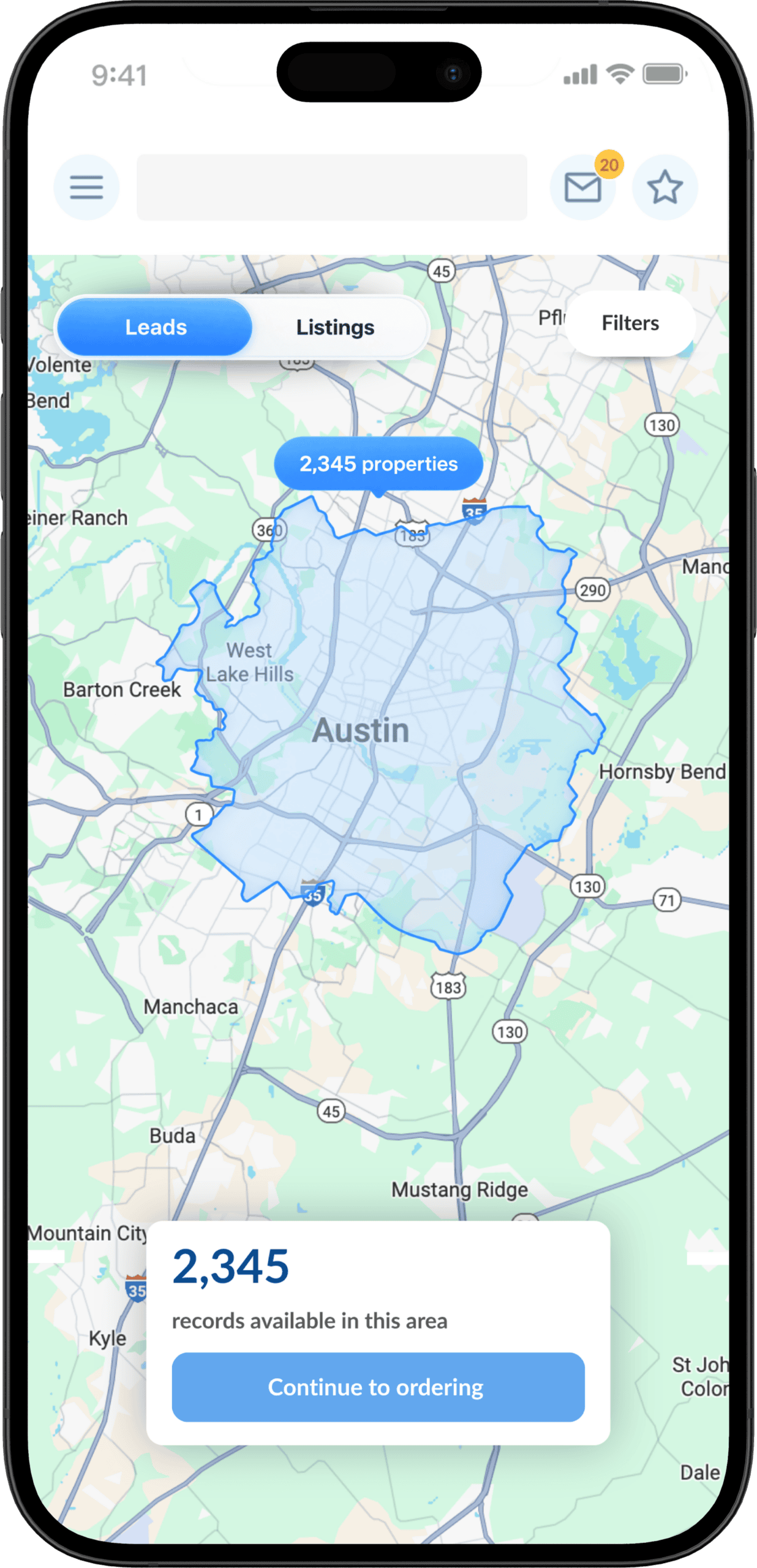 Wholster Leads bulk property search map for finding off-market properties in Austin, Texas
