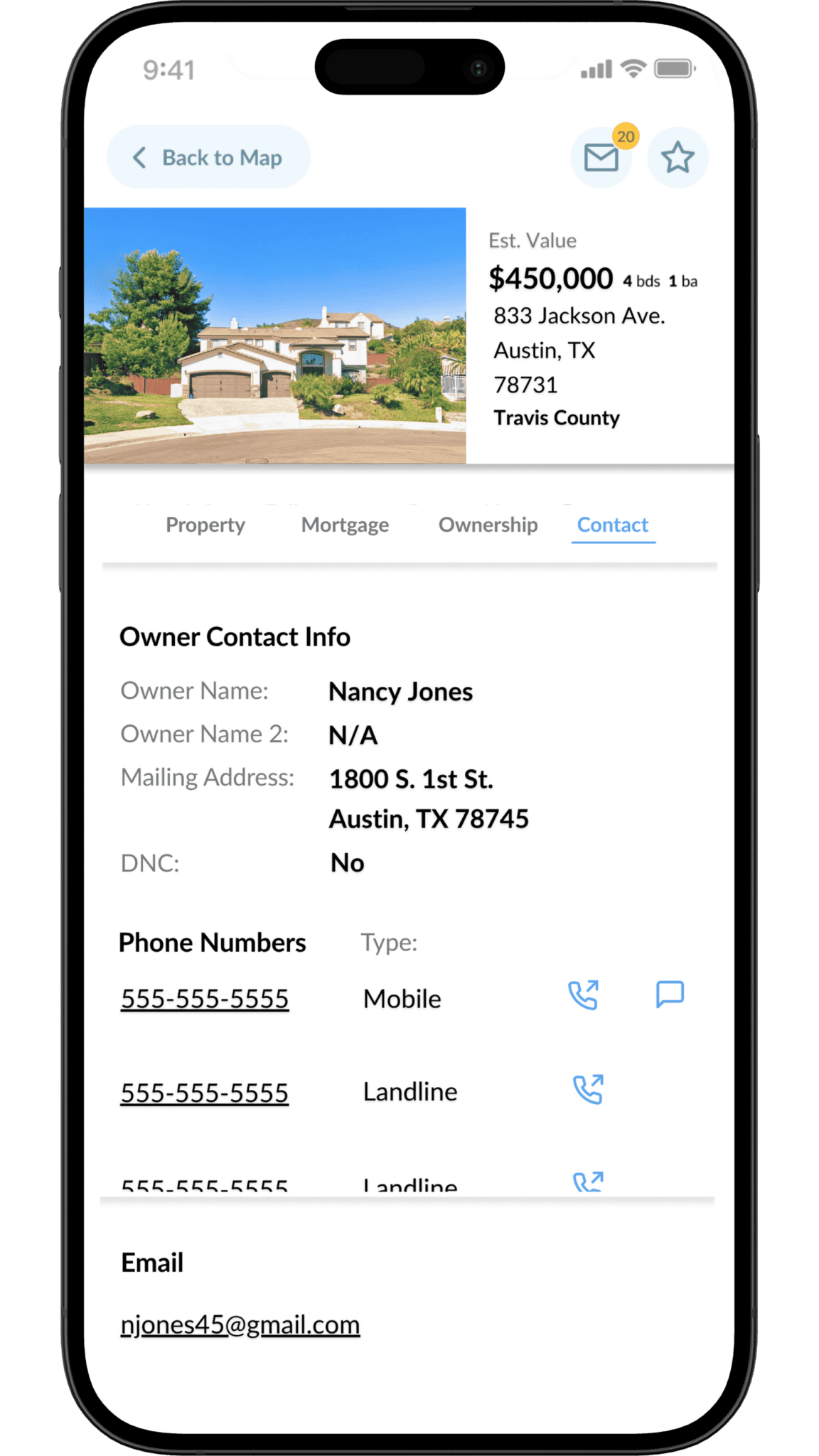 Wholster property record showing owner information and available contact data