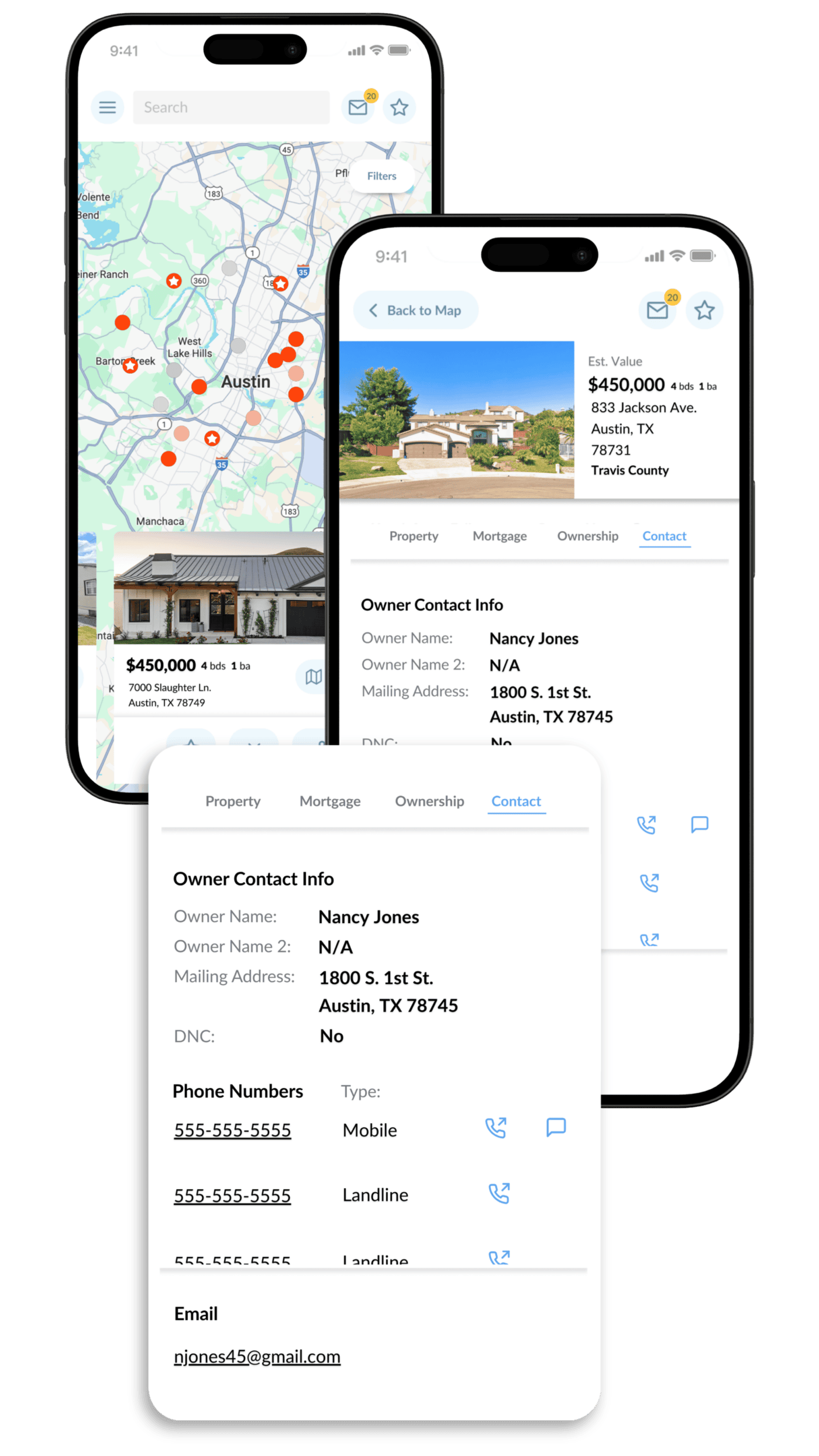 Wholster property search showing property, ownership, and owner contact information