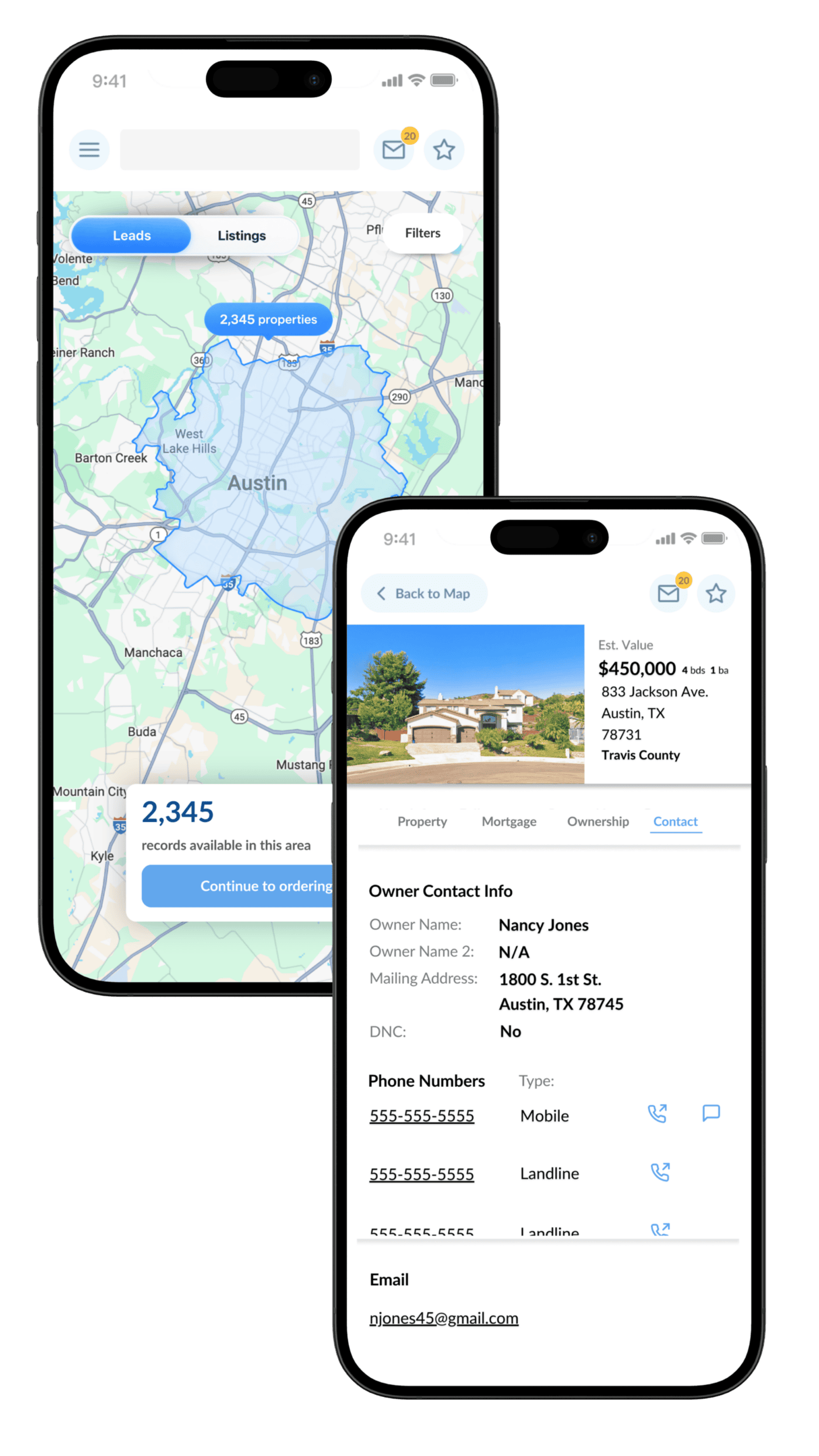 Wholster map showing bulk skip trace leads and single property contact info