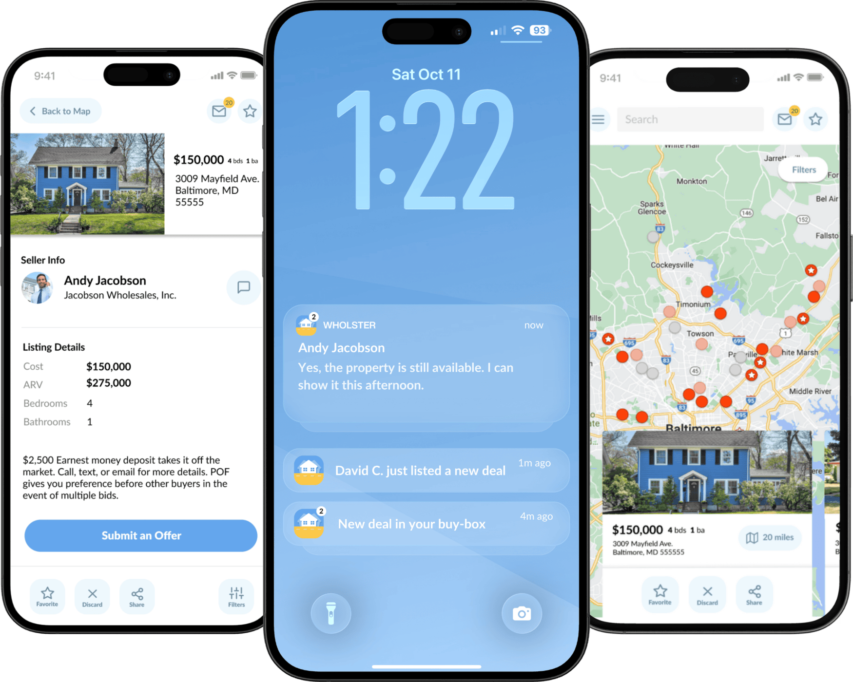 Wholster Marketplace showing wholesale property listings, map discovery, and new deal notifications