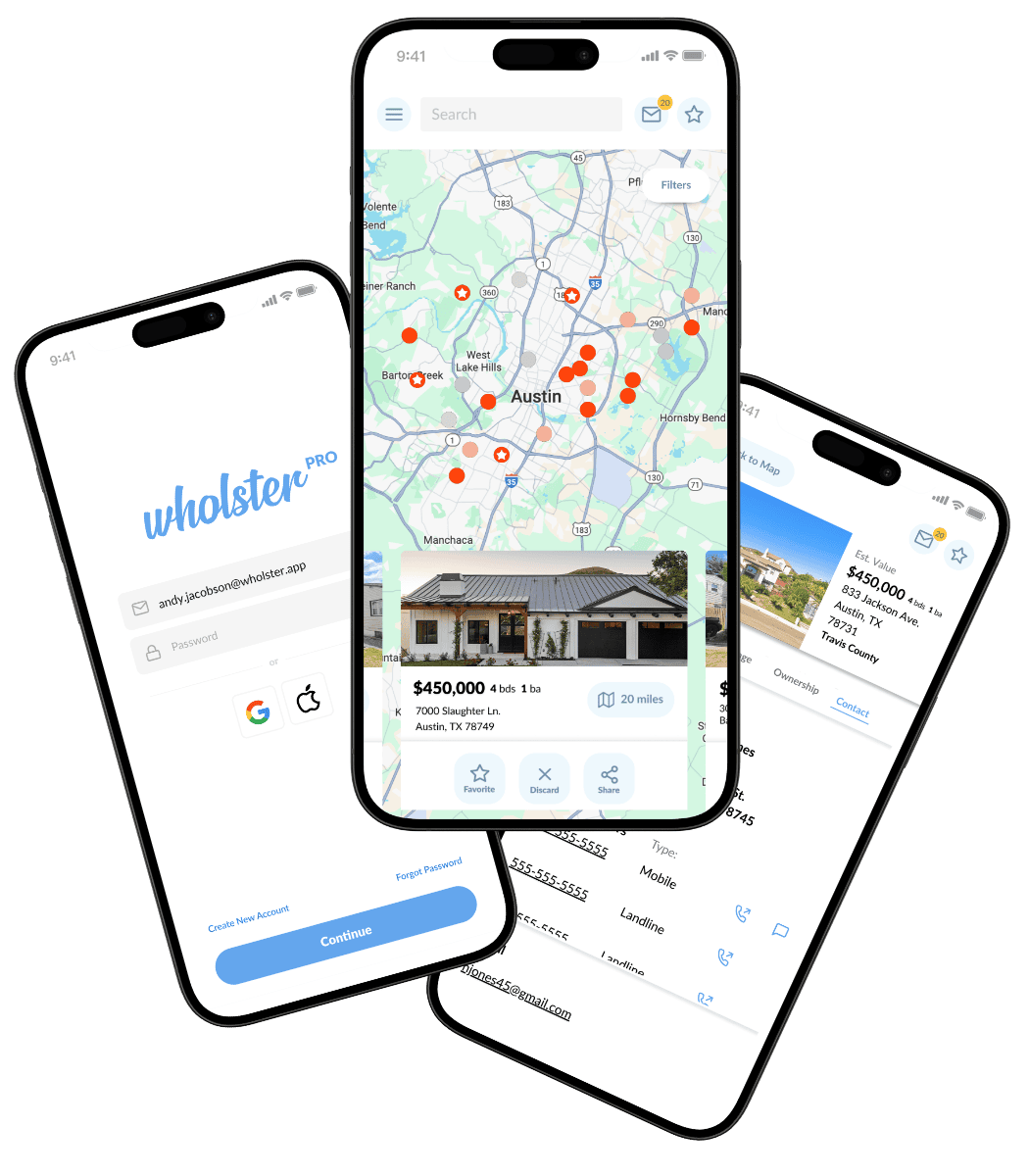 Wholster Pro mobile app showing property search, property research, and owner contact data